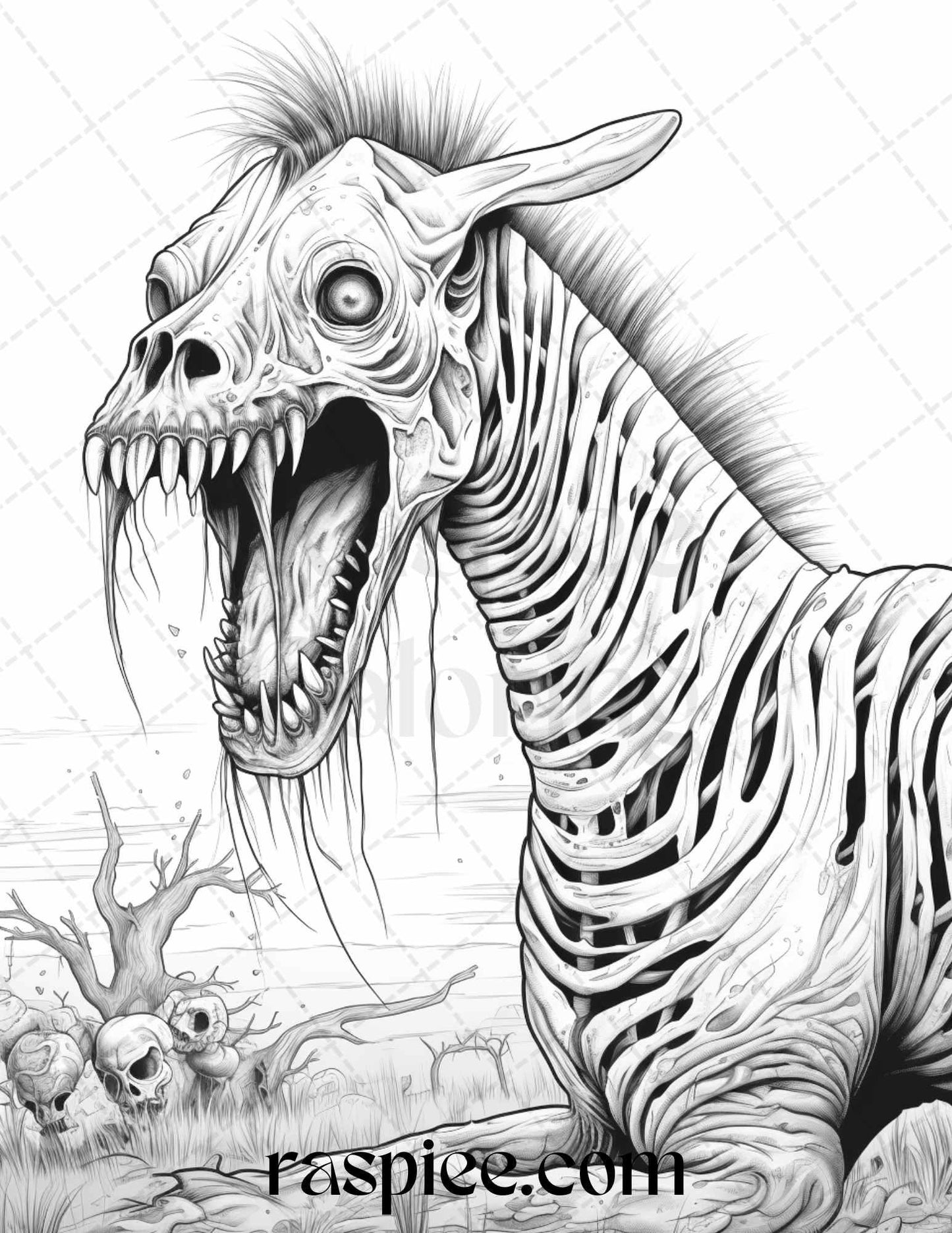 66 Horror Zombie Animals Grayscale Coloring Pages Printable for Adults, PDF File Instant Download
