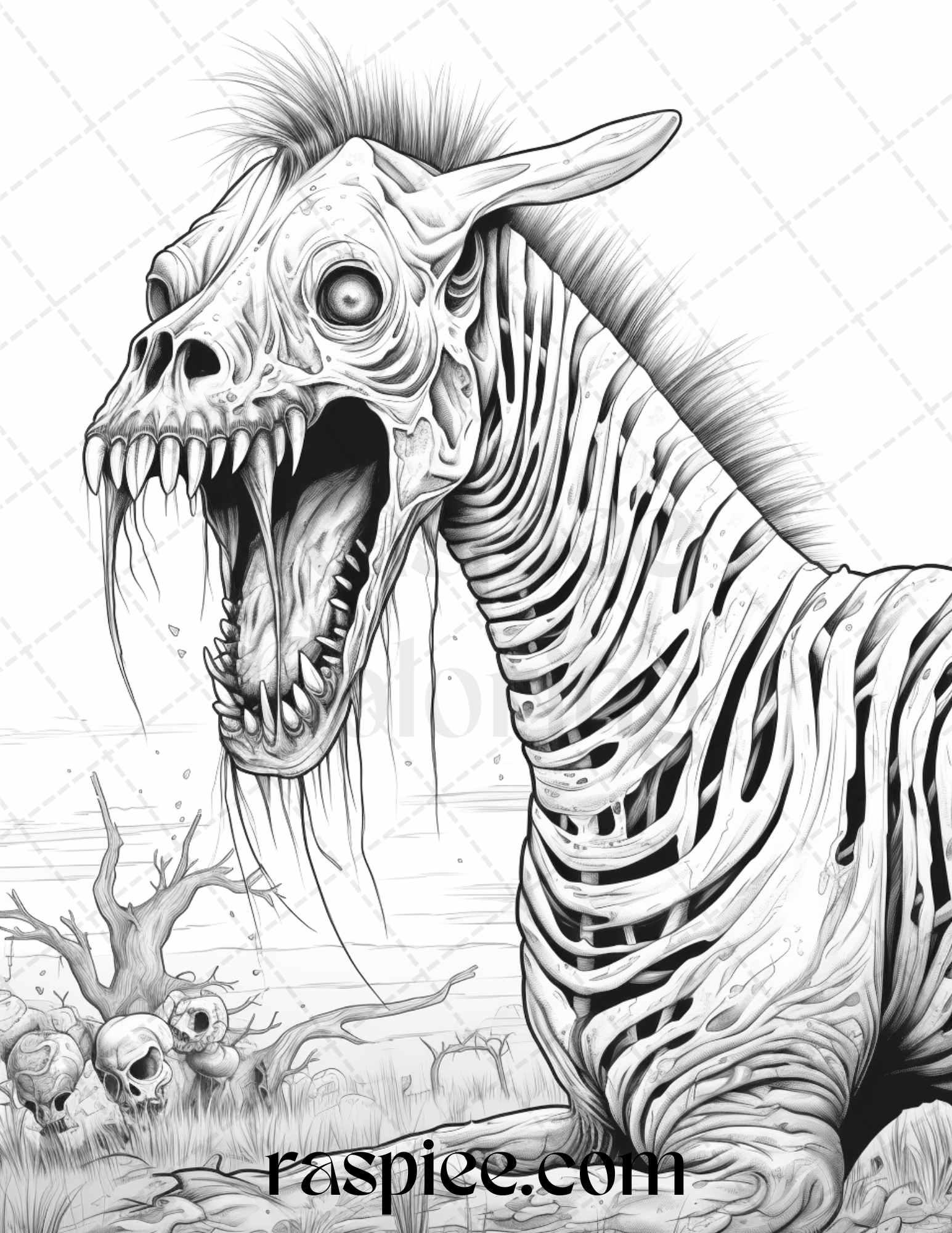 66 Horror Zombie Animals Grayscale Coloring Pages Printable for Adults, PDF File Instant Download