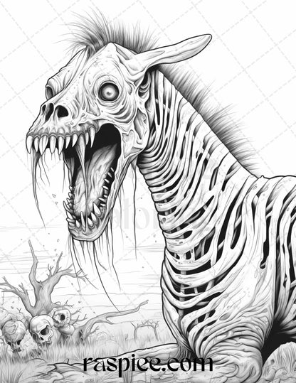 66 Horror Zombie Animals Grayscale Coloring Pages Printable for Adults, PDF File Instant Download