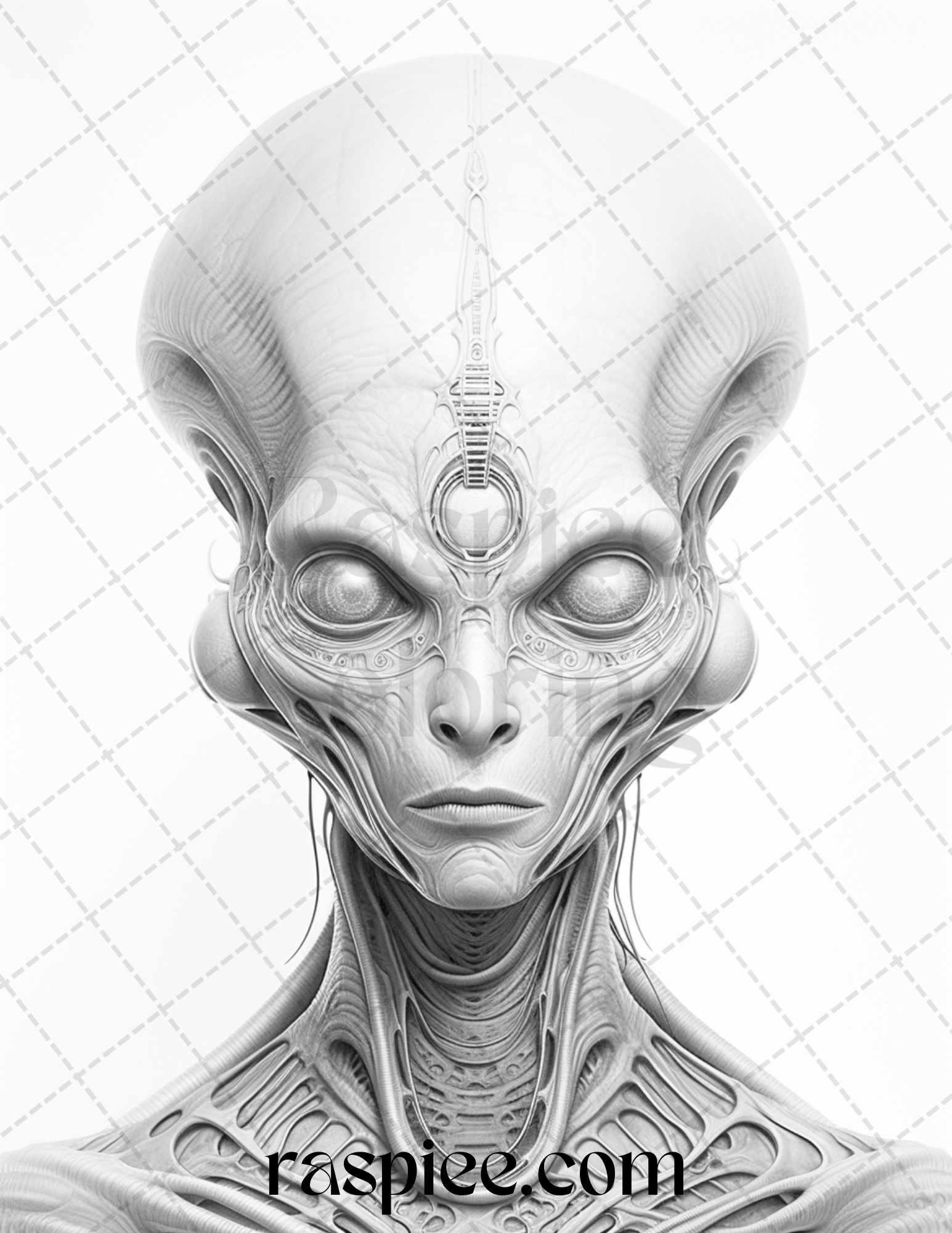65 Alien Portrait Grayscale Coloring Pages for Adults, Printable PDF File Instant Download