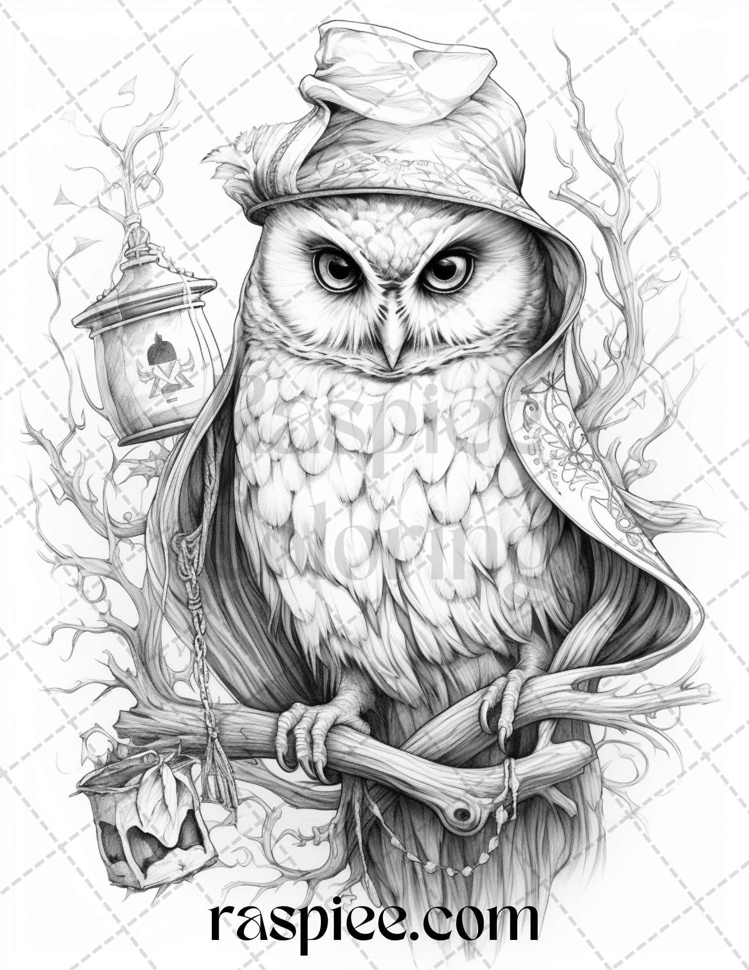 Halloween Witch Owl Grayscale Coloring Pages for Adults and Kids, Printable PDF Instant Download