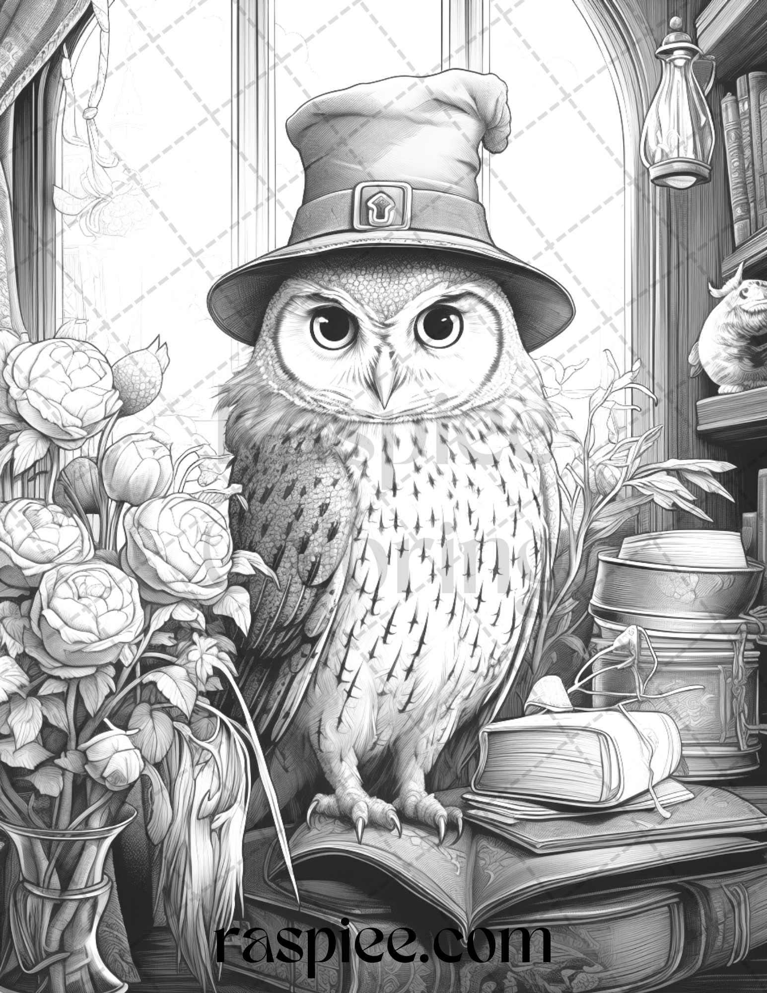 Halloween Witch Owl Grayscale Coloring Pages for Adults and Kids, Printable PDF Instant Download
