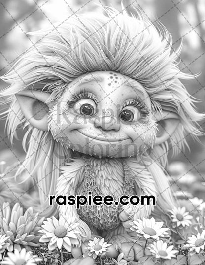 65 Fantasy Little Trolls Grayscale Adult Coloring Pages Printable PDF Instant Download