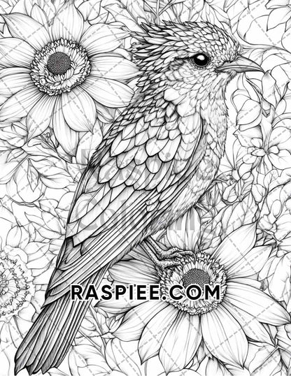 Flowers and Birds Adult Coloring Pages Printable PDF Instant Download