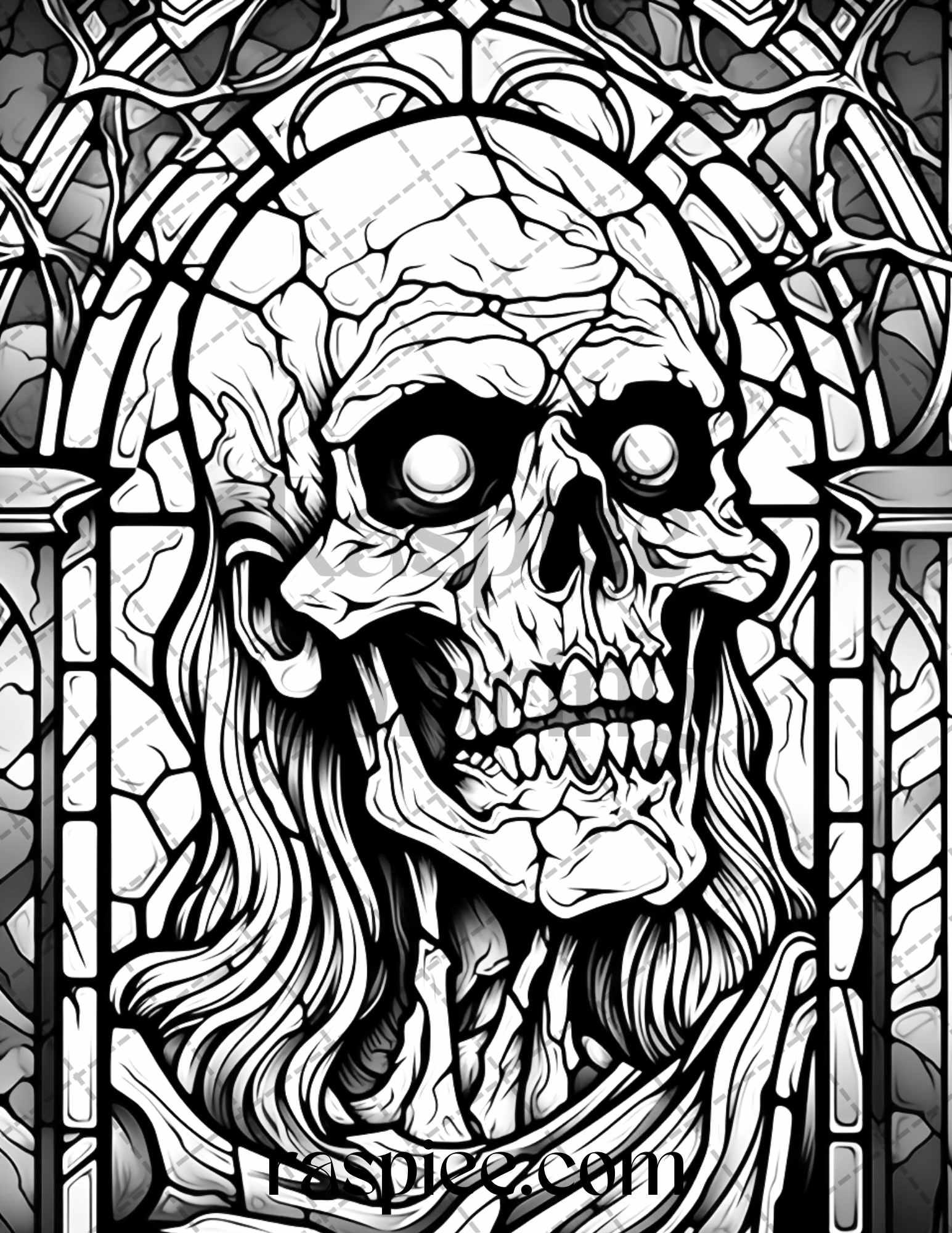 70 Halloween Stained Glass Grayscale Coloring Pages Printable for Adults, PDF File Instant Download