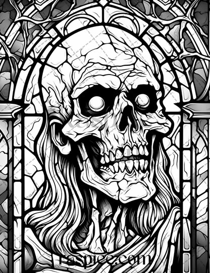 70 Halloween Stained Glass Grayscale Coloring Pages Printable for Adults, PDF File Instant Download