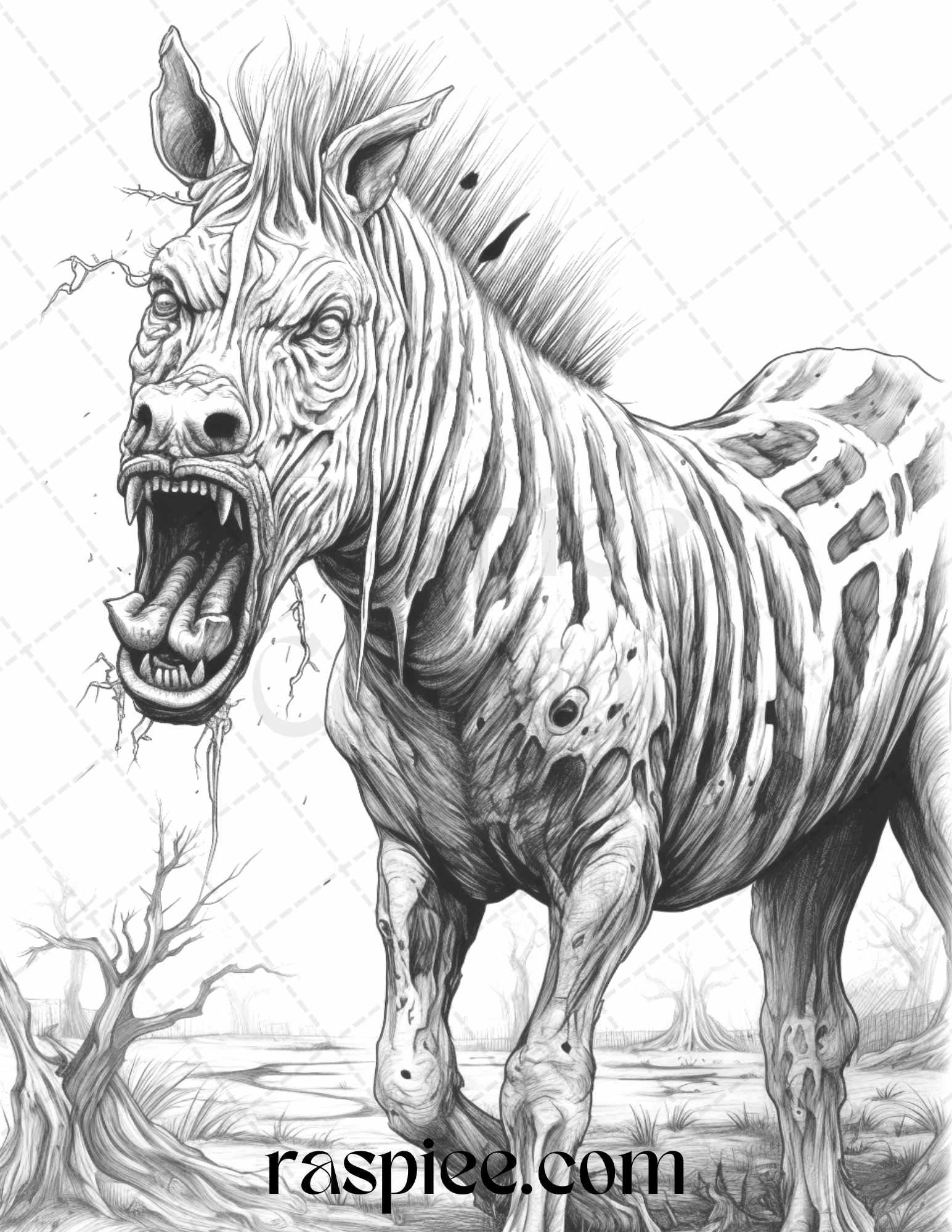 66 Horror Zombie Animals Grayscale Coloring Pages Printable for Adults, PDF File Instant Download