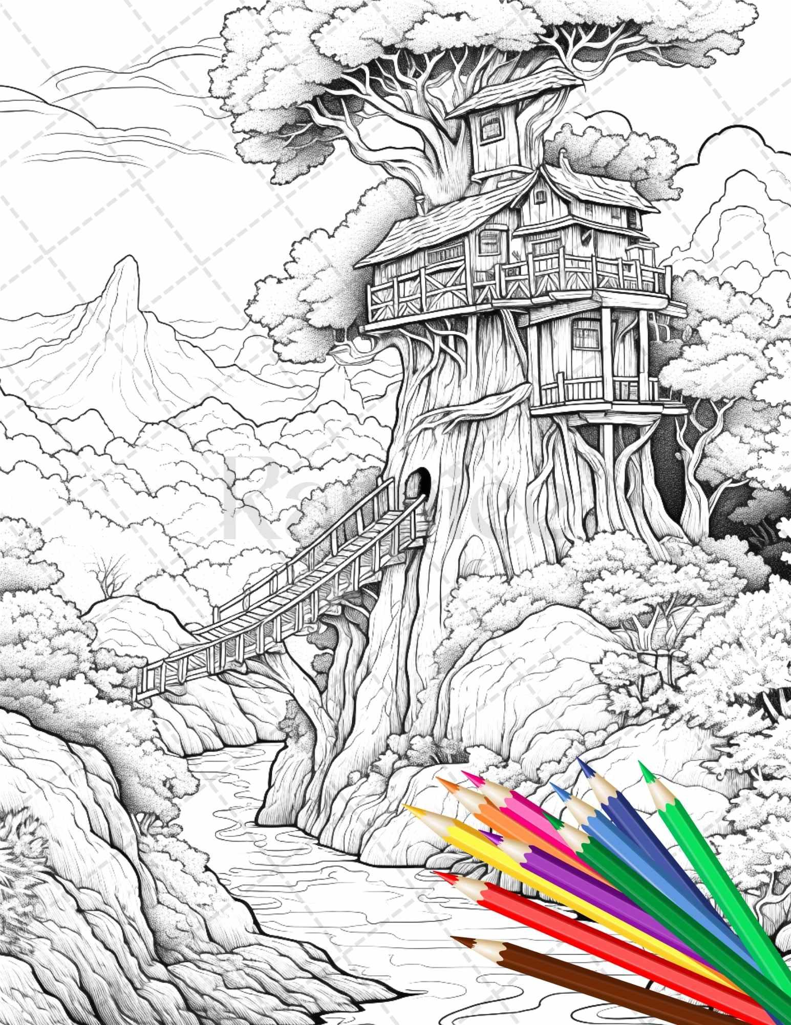 110 Enchanted Treehouse Coloring Book Printable for Adults, Grayscale Coloring Page, PDF File Instant Download