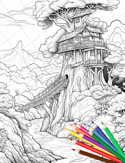 110 Enchanted Treehouse Coloring Book Printable for Adults, Grayscale Coloring Page, PDF File Instant Download