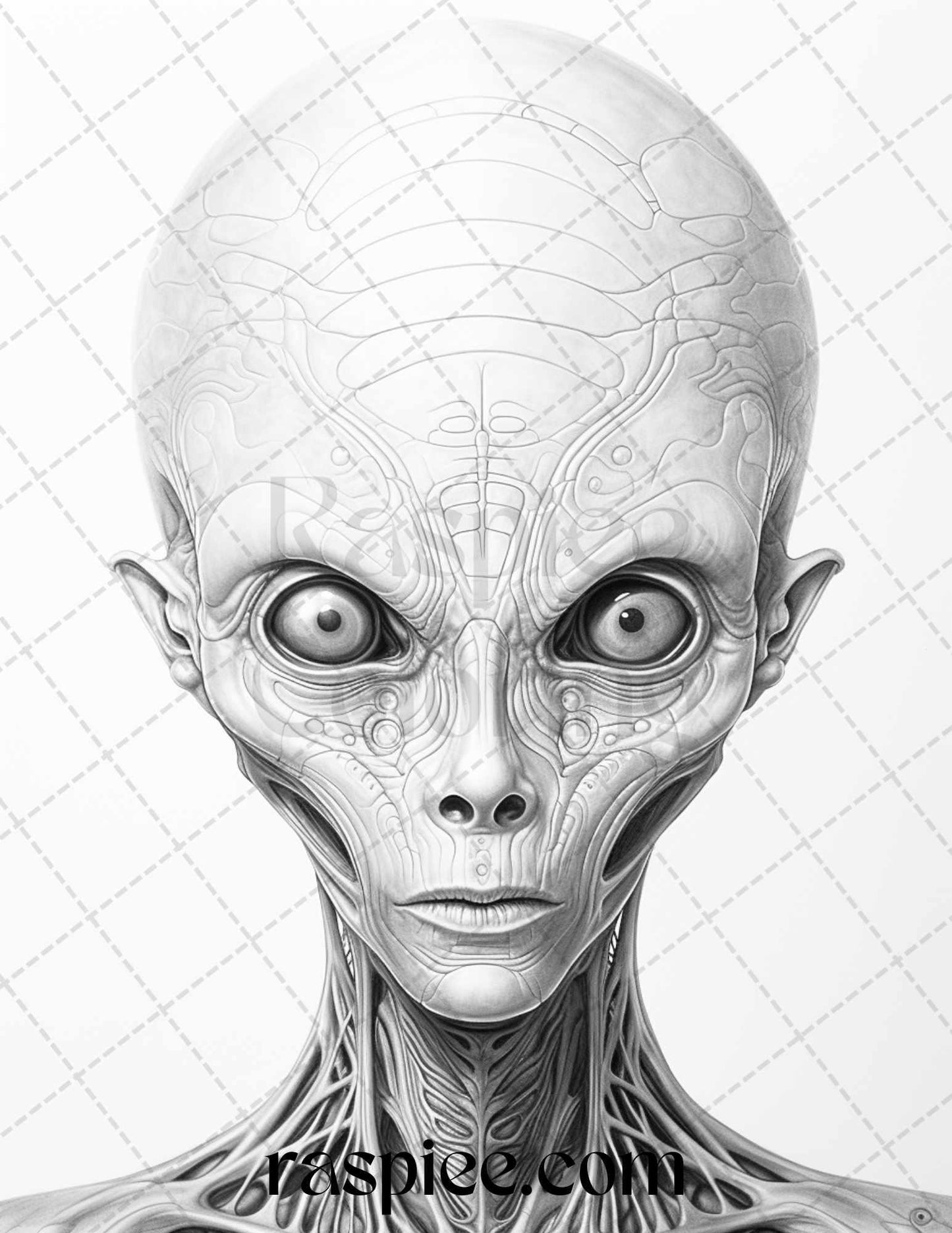 65 Alien Portrait Grayscale Coloring Pages for Adults, Printable PDF File Instant Download