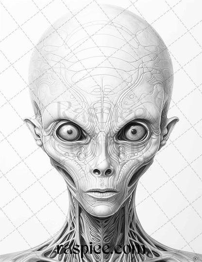 65 Alien Portrait Grayscale Coloring Pages for Adults, Printable PDF File Instant Download
