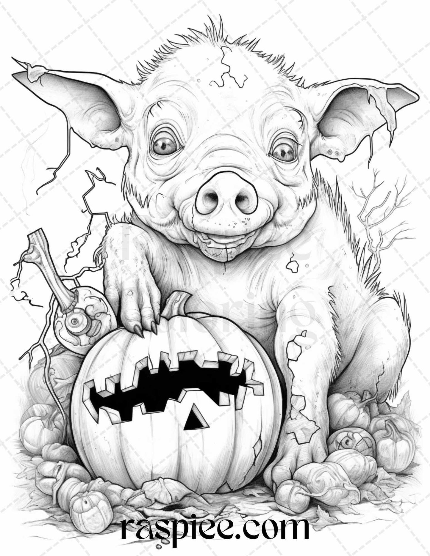 66 Horror Zombie Animals Grayscale Coloring Pages Printable for Adults, PDF File Instant Download