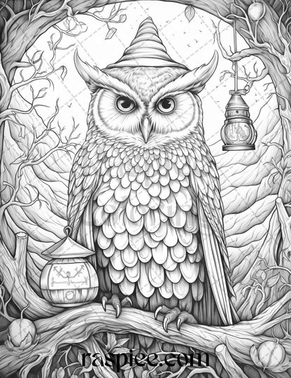 Halloween Witch Owl Grayscale Coloring Pages for Adults and Kids, Printable PDF Instant Download