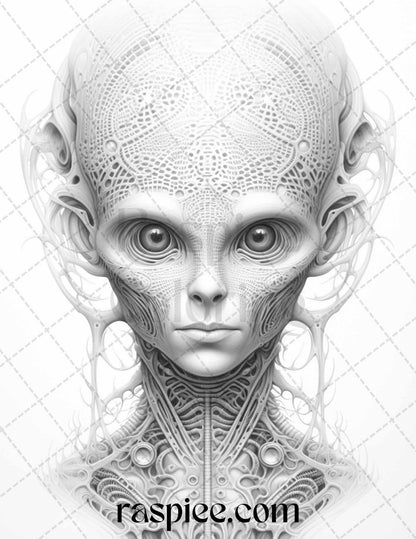 65 Alien Portrait Grayscale Coloring Pages for Adults, Printable PDF File Instant Download