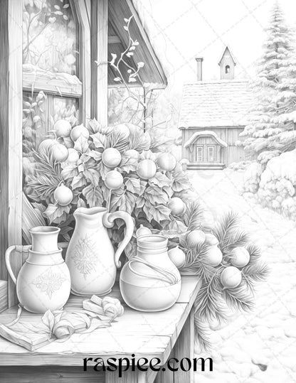 90 Merry Christmas Grayscale Coloring Pages Printable for Adults, PDF File Instant Download