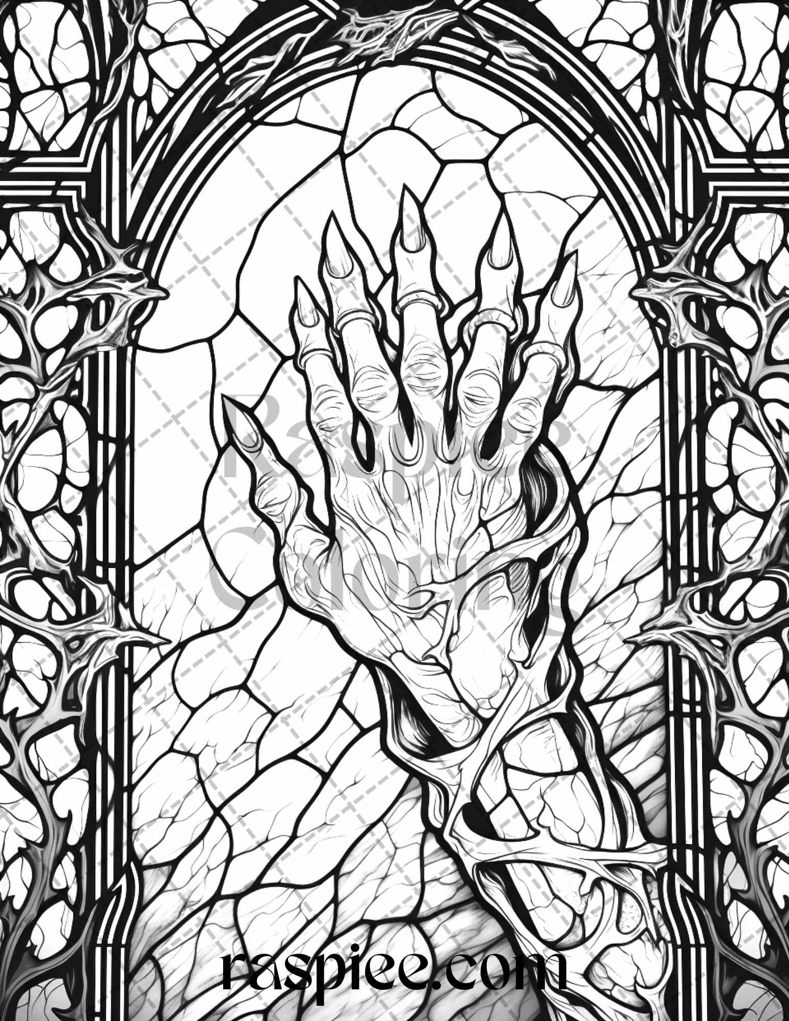 70 Halloween Stained Glass Grayscale Coloring Pages Printable for Adults, PDF File Instant Download