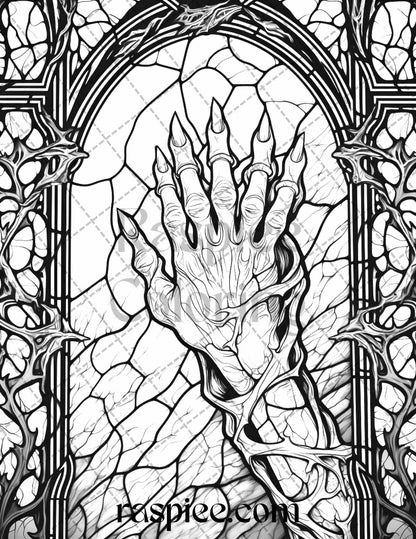 70 Halloween Stained Glass Grayscale Coloring Pages Printable for Adults, PDF File Instant Download