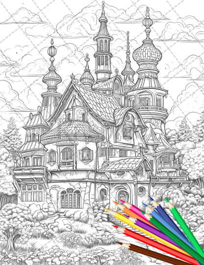 122 Fantasy Castles Coloring Book for Adults, Grayscale Coloring Page, Printable PDF Instant Download