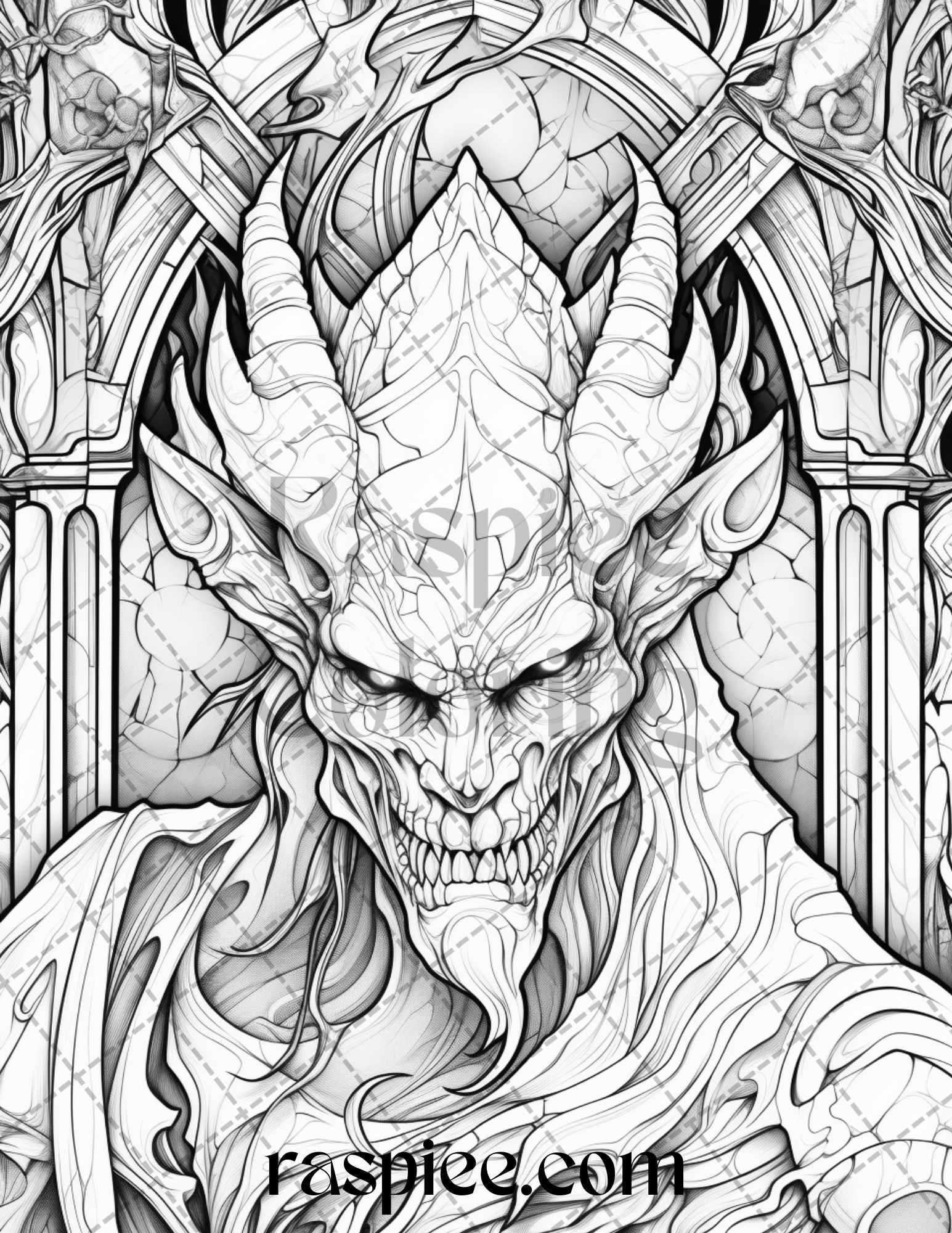70 Halloween Stained Glass Grayscale Coloring Pages Printable for Adults, PDF File Instant Download