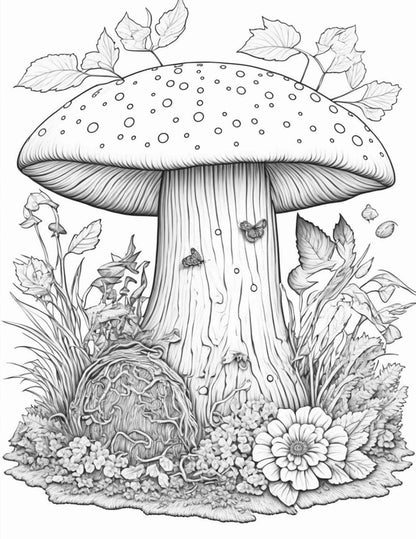 100 Mushroom Forest Coloring Pages Printable for Adults and Kids, Grayscale Coloring Book, Printable PDF File Instant Download