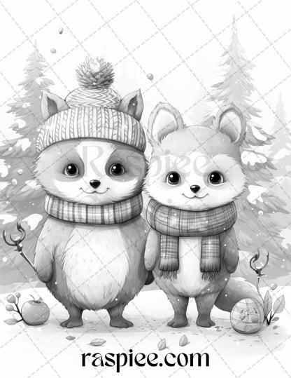 70 Christmas Critters Grayscale Coloring Pages Printable for Adults and Kids, PDF File Instant Download