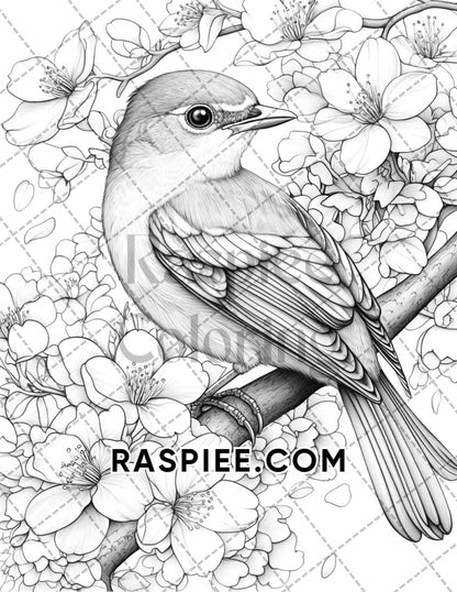 Flowers and Birds Adult Coloring Pages Printable PDF Instant Download