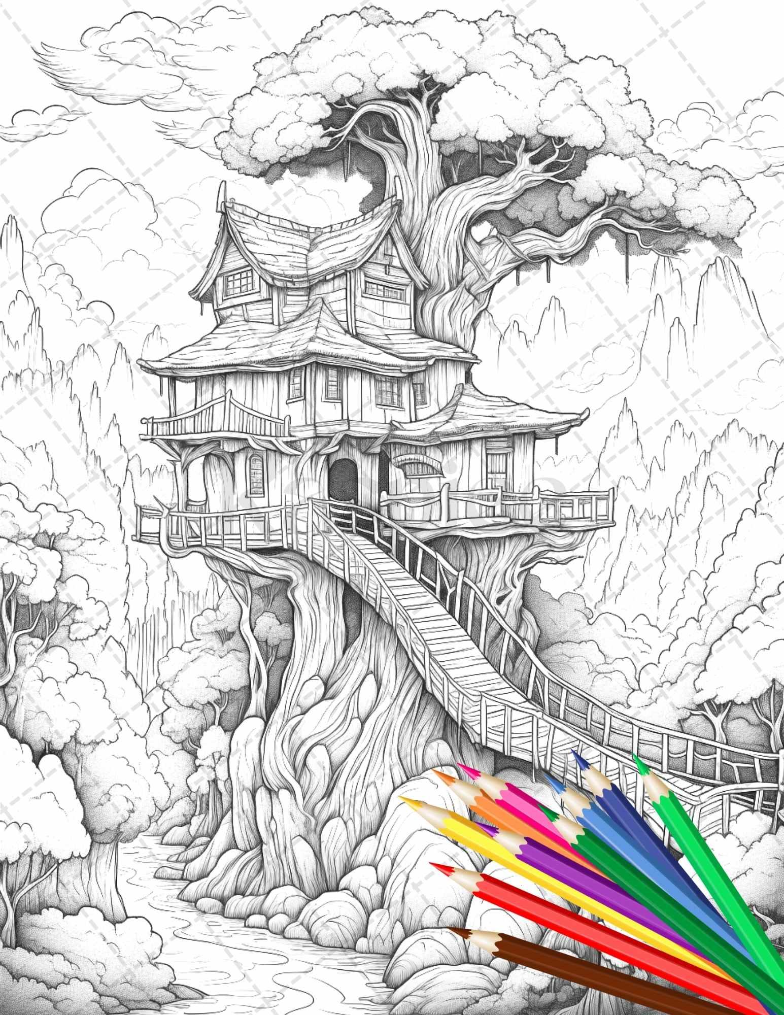 110 Enchanted Treehouse Coloring Book Printable for Adults, Grayscale Coloring Page, PDF File Instant Download