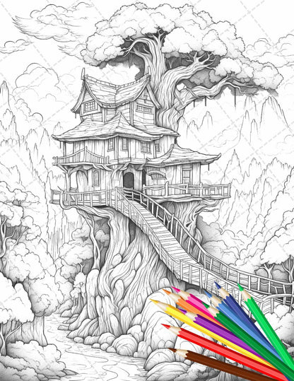 110 Enchanted Treehouse Coloring Book Printable for Adults, Grayscale Coloring Page, PDF File Instant Download