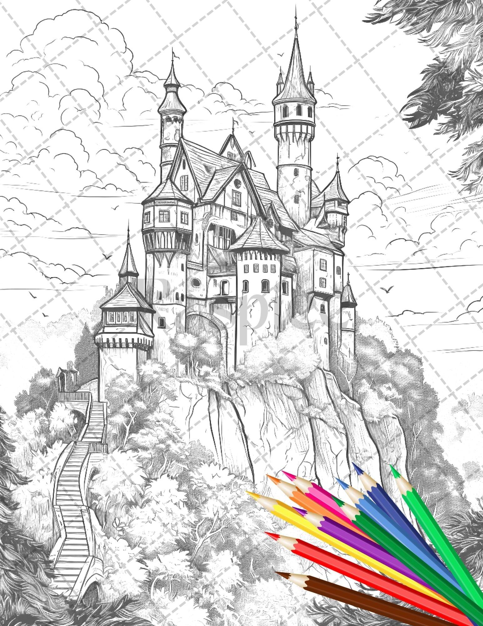 122 Fantasy Castles Coloring Book for Adults, Grayscale Coloring Page, Printable PDF Instant Download