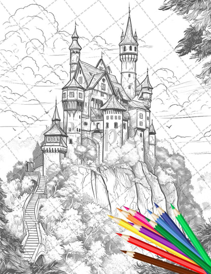 122 Fantasy Castles Coloring Book for Adults, Grayscale Coloring Page, Printable PDF Instant Download