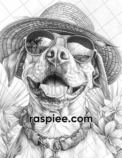 90 Summer Dogs Grayscale Adult Coloring Pages, Printable PDF Instant Download