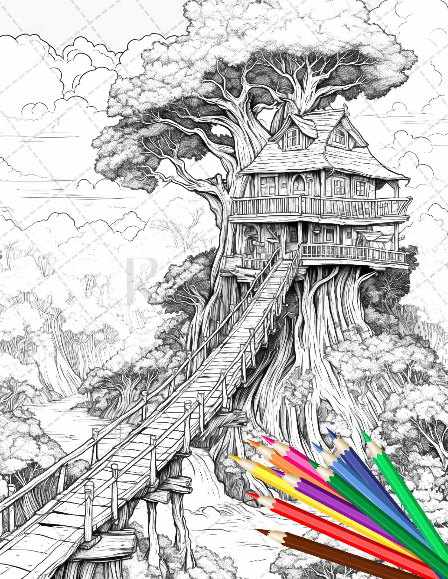 110 Enchanted Treehouse Coloring Book Printable for Adults, Grayscale Coloring Page, PDF File Instant Download