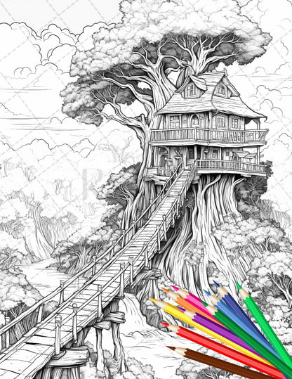 110 Enchanted Treehouse Coloring Book Printable for Adults, Grayscale Coloring Page, PDF File Instant Download