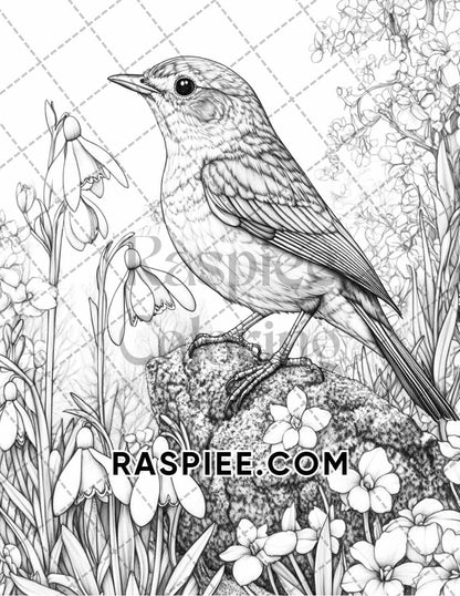 Flowers and Birds Adult Coloring Pages Printable PDF Instant Download
