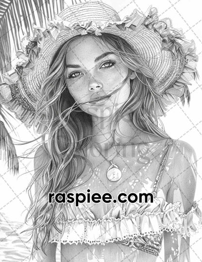 70 Beautiful Tropical Girls Grayscale Adult Coloring Pages Printable PDF Instant Download