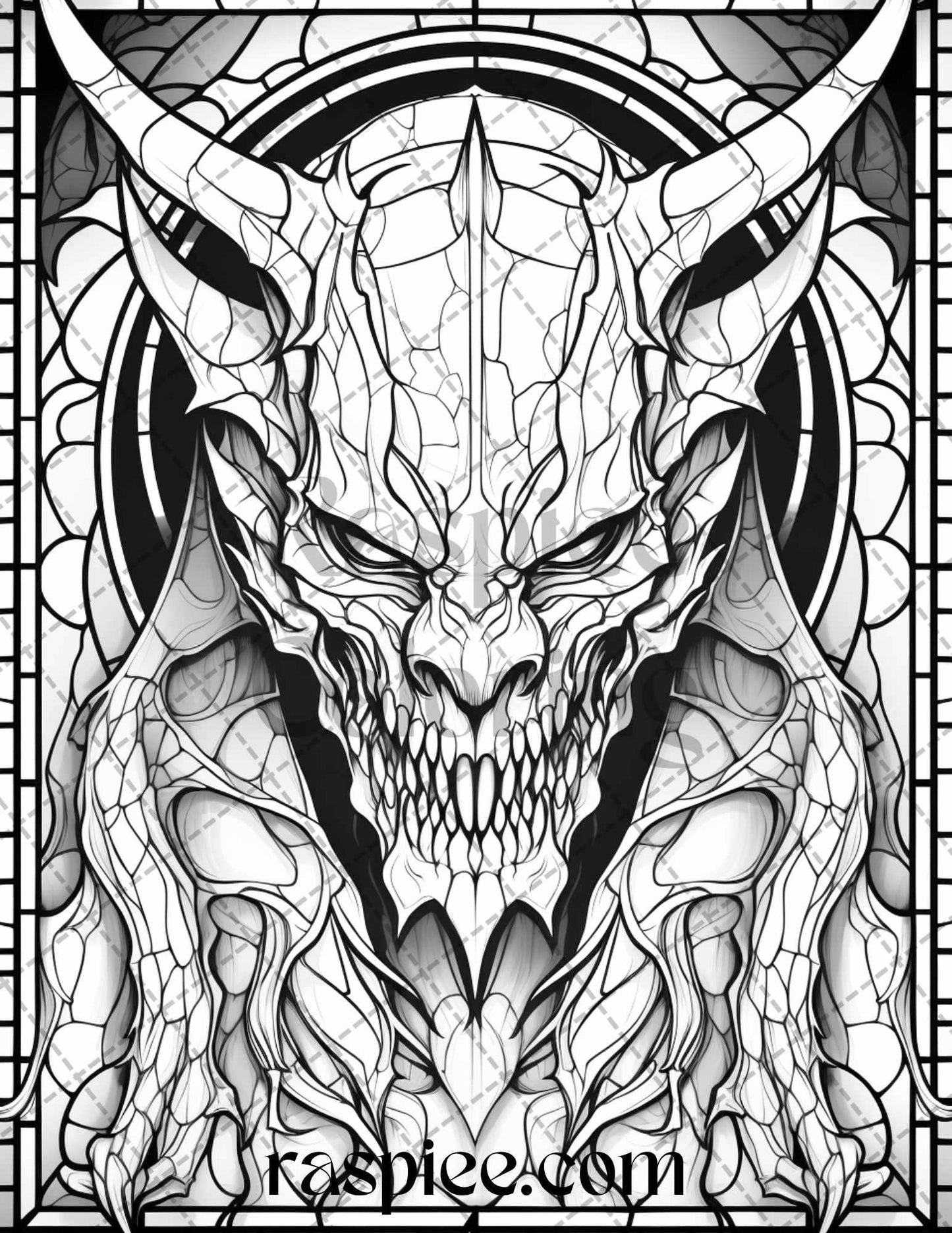 70 Halloween Stained Glass Grayscale Coloring Pages Printable for Adults, PDF File Instant Download