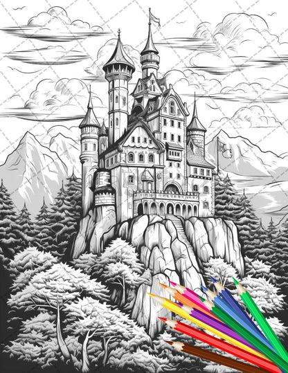 122 Fantasy Castles Coloring Book for Adults, Grayscale Coloring Page, Printable PDF Instant Download