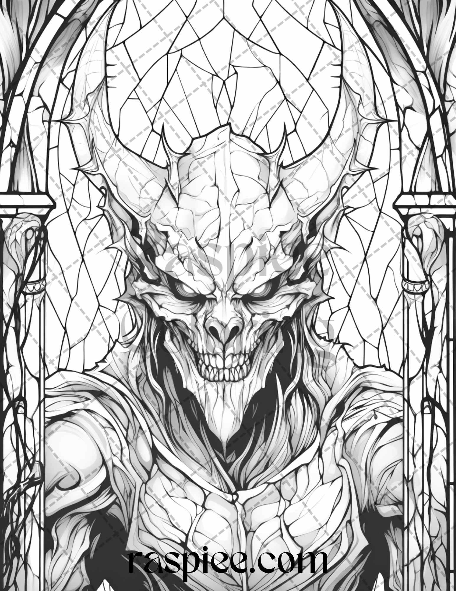70 Halloween Stained Glass Grayscale Coloring Pages Printable for Adults, PDF File Instant Download