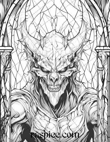 70 Halloween Stained Glass Grayscale Coloring Pages Printable for Adults, PDF File Instant Download
