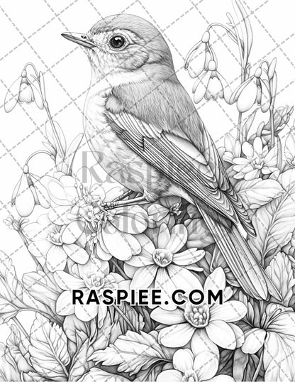 Flowers and Birds Adult Coloring Pages Printable PDF Instant Download