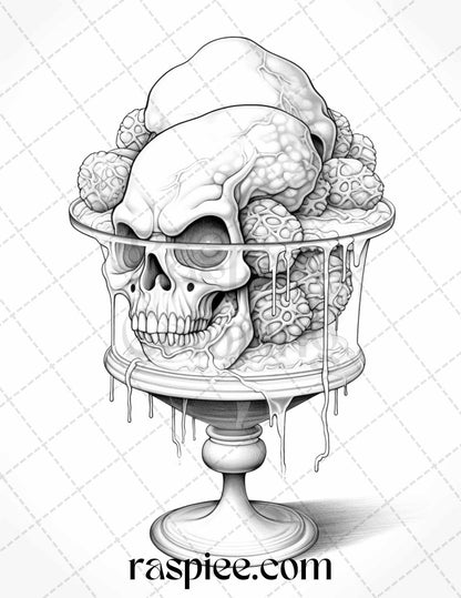 68 Halloween Spooky Desserts Grayscale Coloring Pages Printable for Adults, PDF File Instant Download