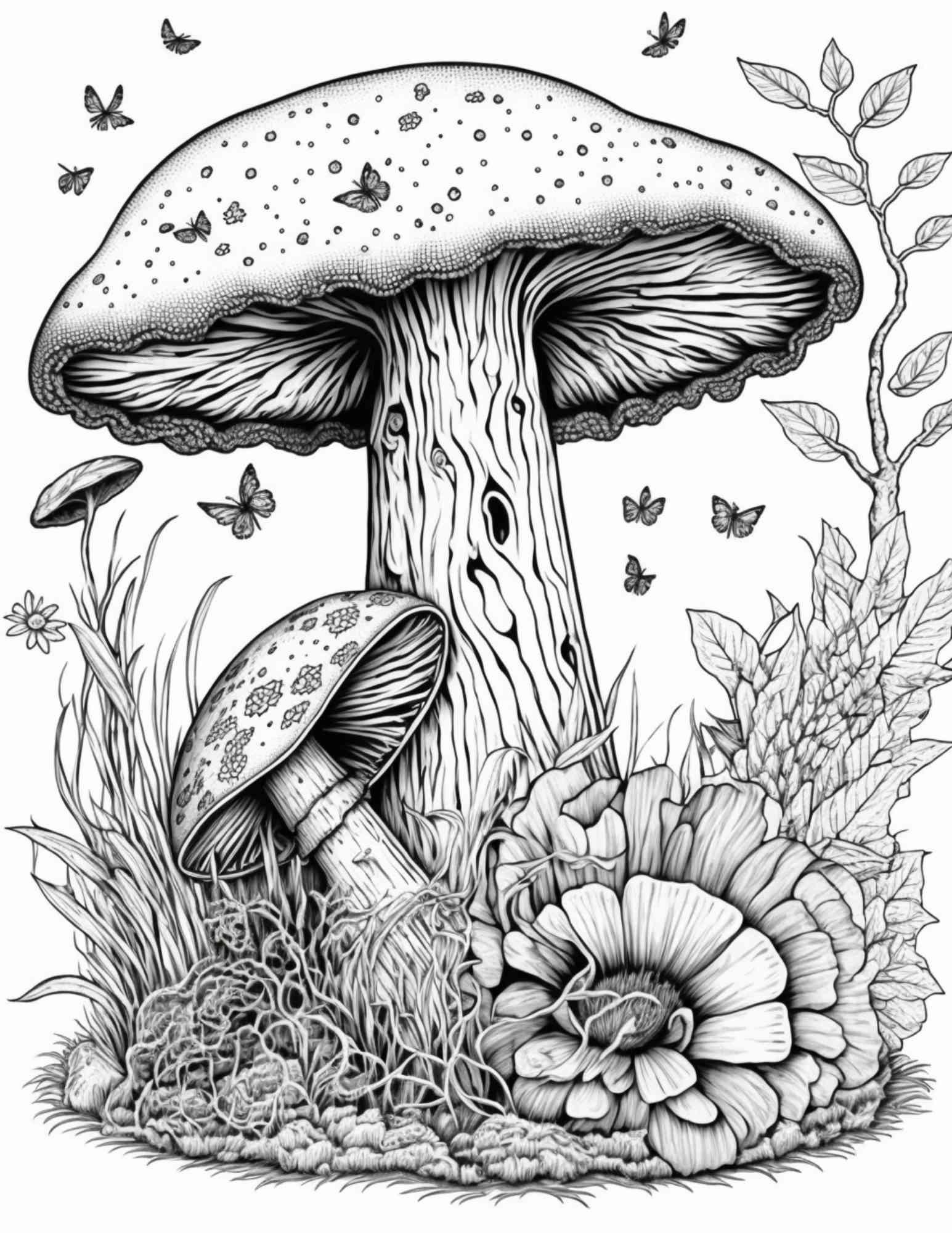 100 Mushroom Forest Coloring Pages Printable for Adults and Kids, Grayscale Coloring Book, Printable PDF File Instant Download