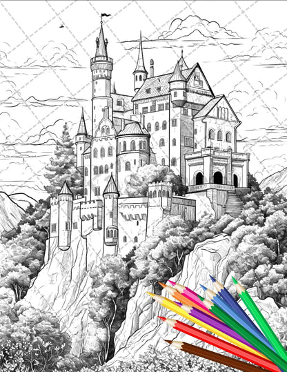122 Fantasy Castles Coloring Book for Adults, Grayscale Coloring Page, Printable PDF Instant Download