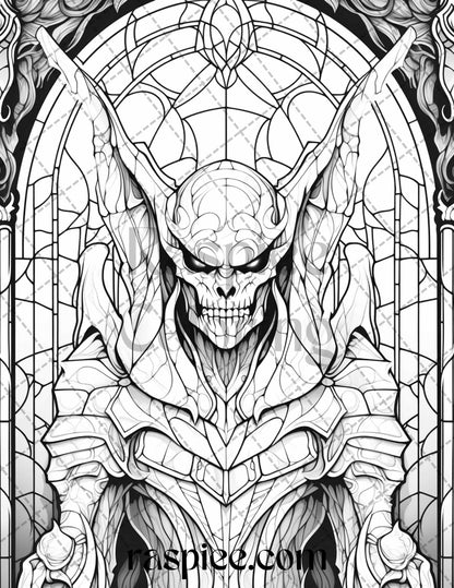 70 Halloween Stained Glass Grayscale Coloring Pages Printable for Adults, PDF File Instant Download