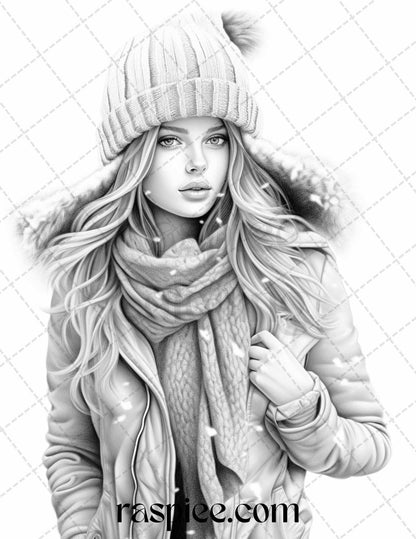 40 Winter Fashion Grayscale Coloring Pages Printable for Adults, PDF File Instant Download