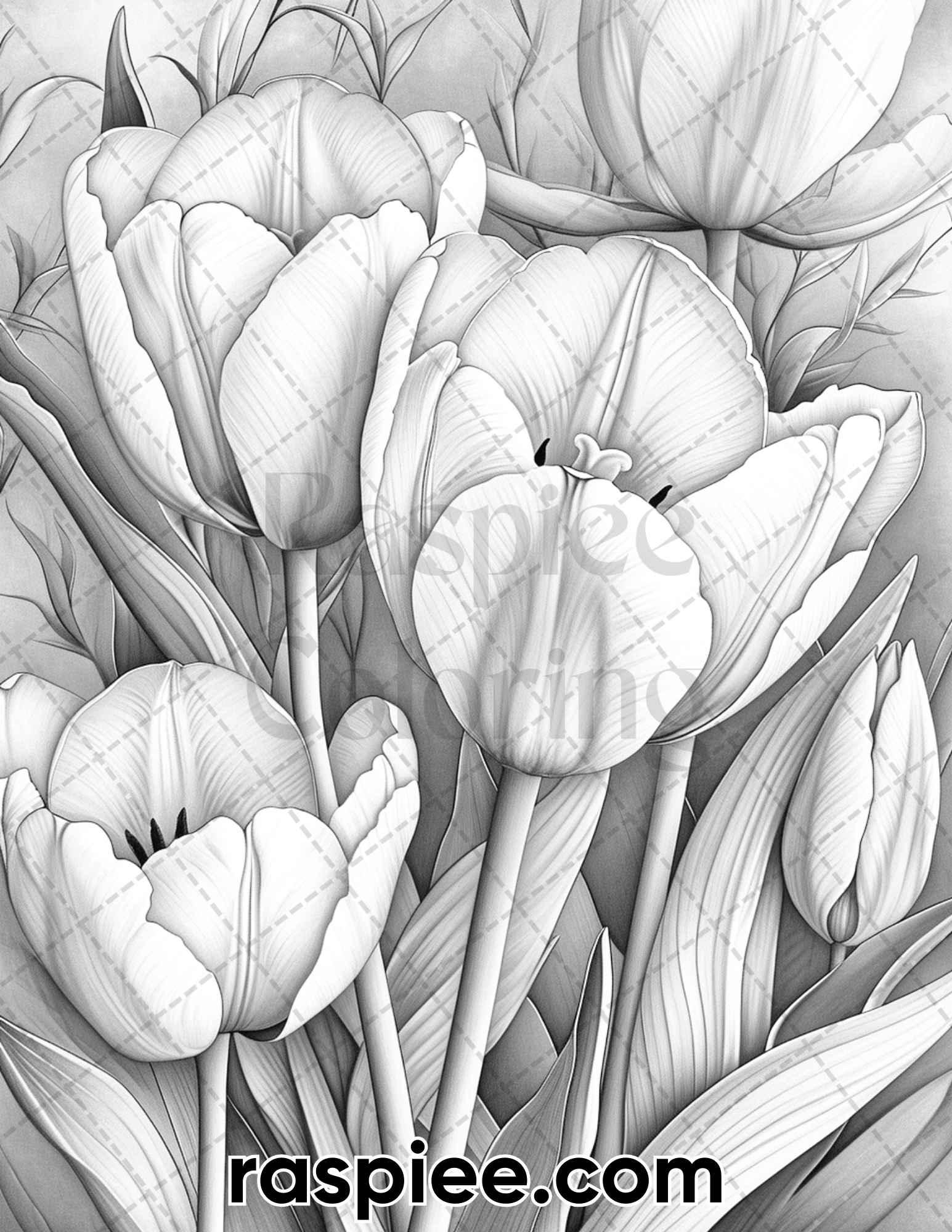 60 Spring Blossoms Grayscale Adult Coloring Pages, Printable PDF Instant Download