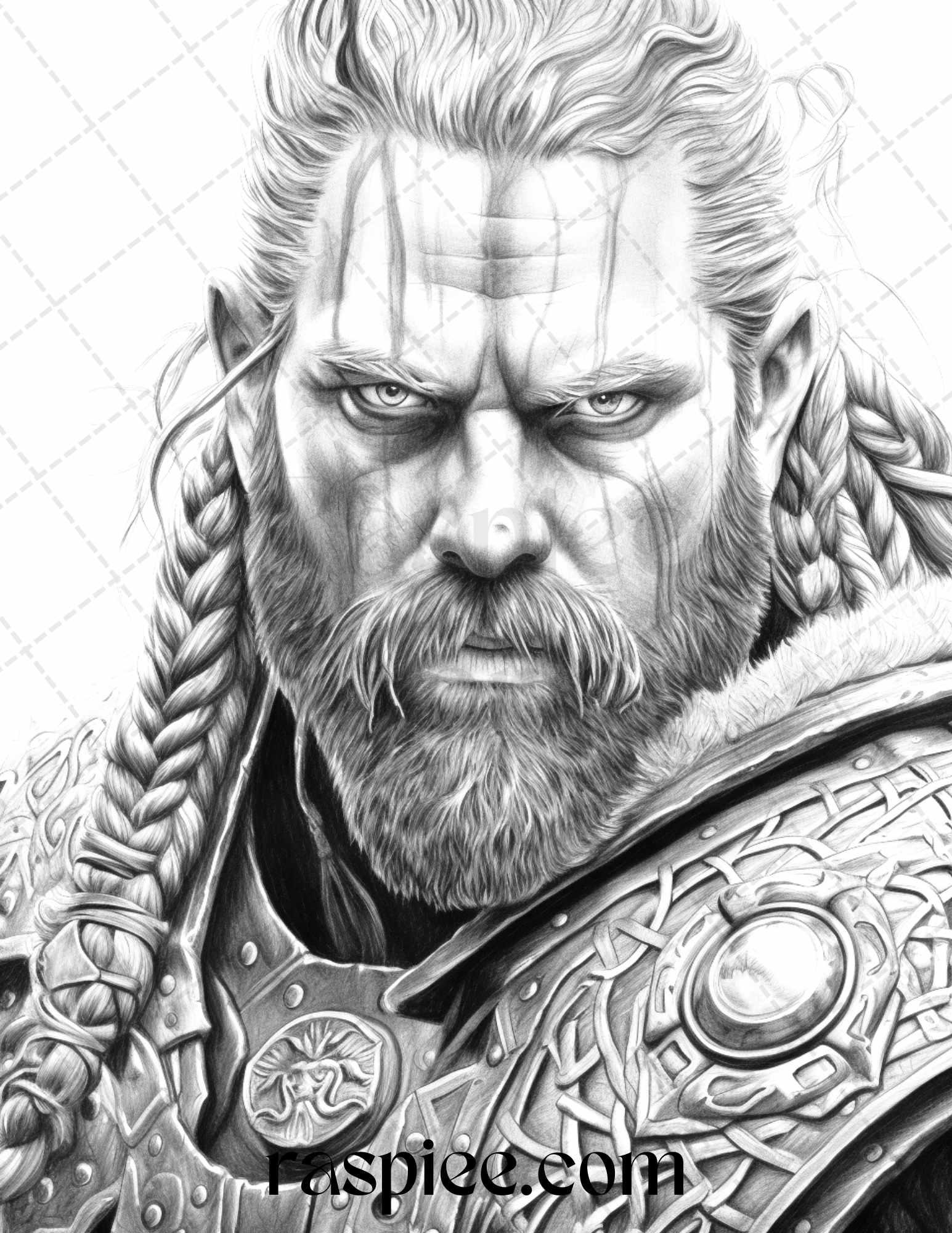 55 Viking Warriors Portrait Grayscale Coloring Pages Printable for Adults, PDF File Instant Download