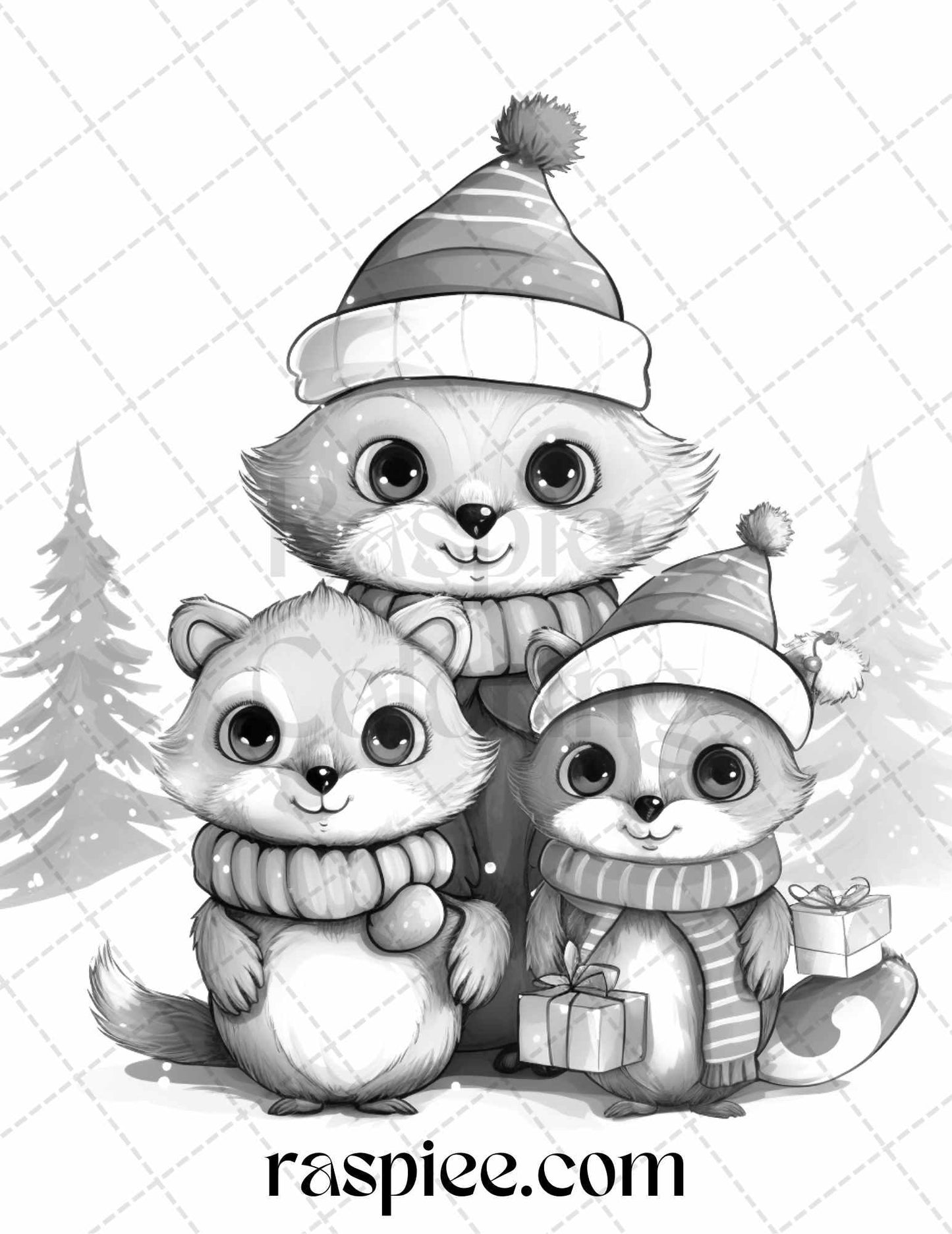 70 Christmas Critters Grayscale Coloring Pages Printable for Adults and Kids, PDF File Instant Download