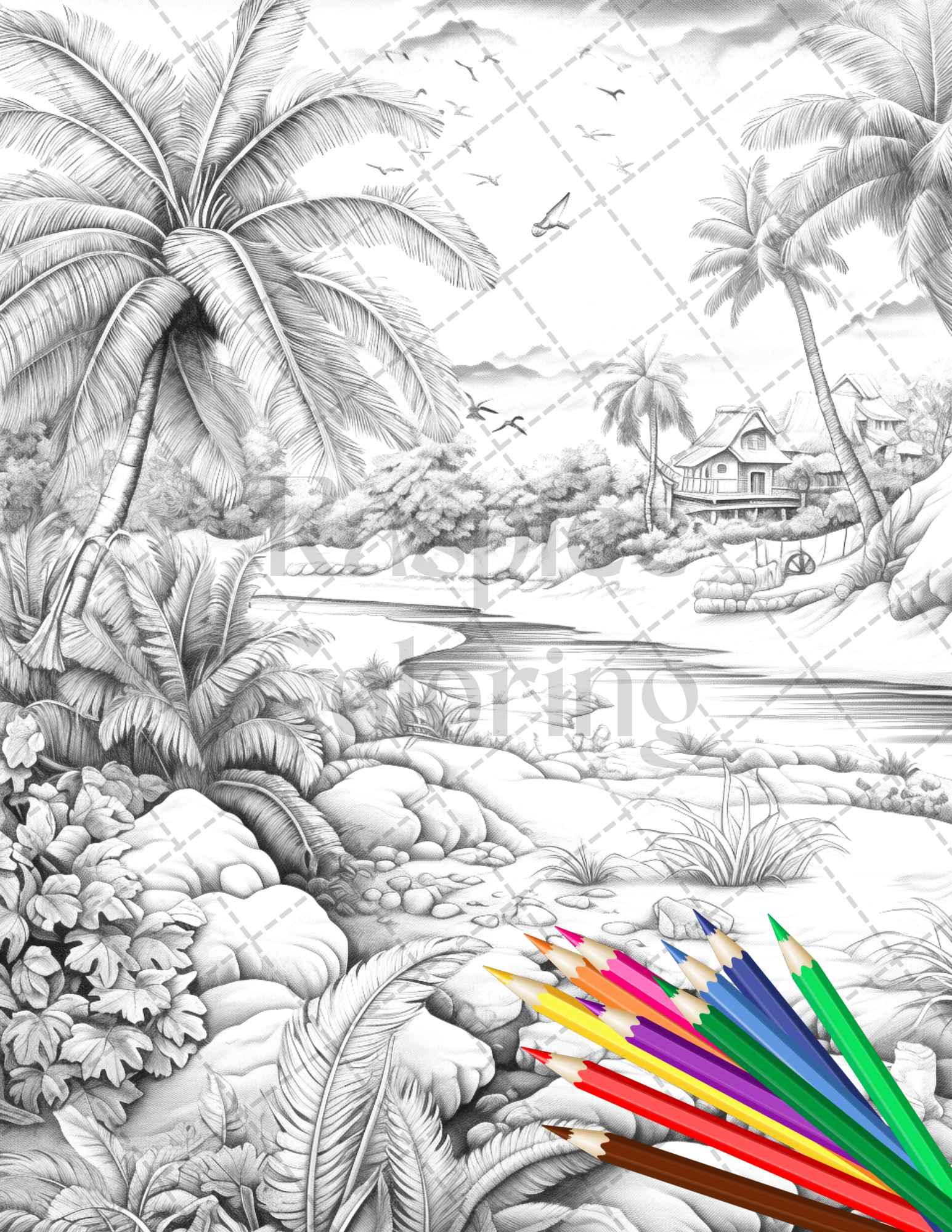 Beautiful Tropical Beach Grayscale Coloring Pages Printable for Adults, PDF File Instant Download