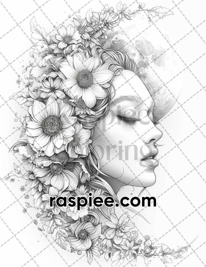 60 Boho Moon Floral Grayscale Adult Coloring Pages Printable PDF Instant Download